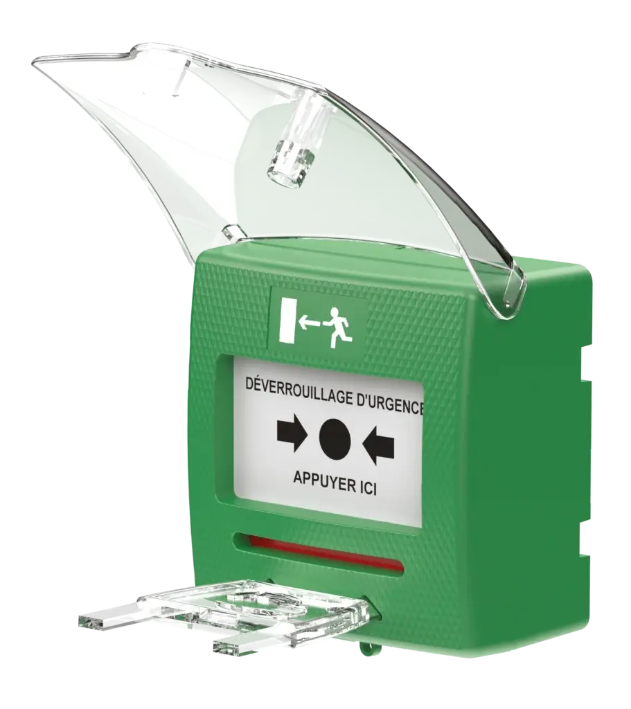 Boitier vert pour ouverture d'urgence + volet de protection 